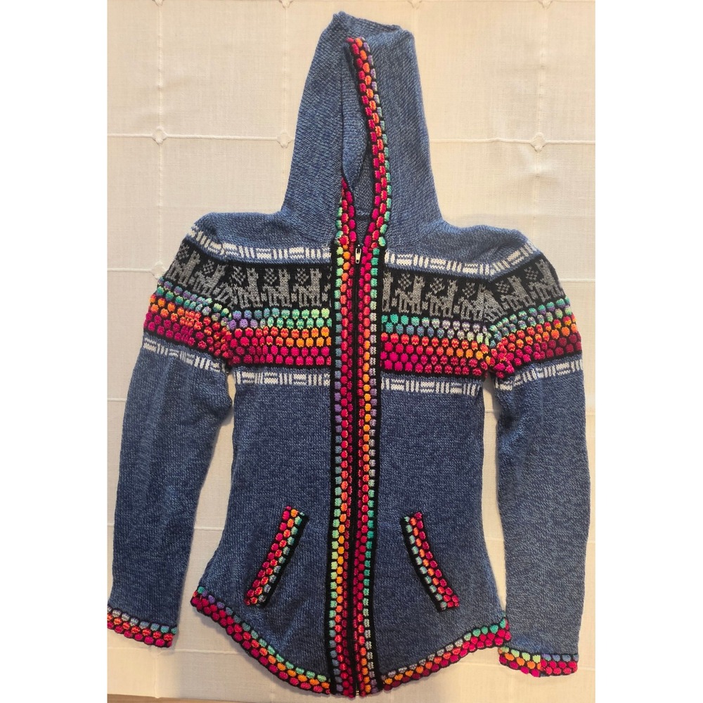 Handmade Peruvian Llama Knit Hooded Zip Up Sweater Blue Boho Fair Isle Cardigan
